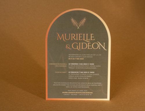 Faire-part de mariage avec découpe numérique en forme d’arche – impression quadri imitation dorure – papier de création old mill premium white