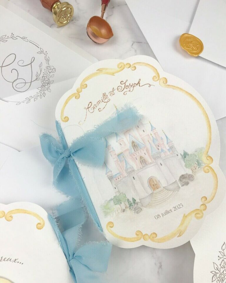 Faire-part de mariage thème Disney avec dorure à chaud, aquarelle du chateau de princesse et ruban mousseline bleu