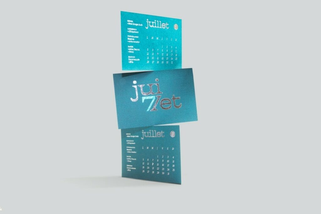 Calendrier ICB Juillet 2021 – Dorure Argent brillant et bleu micro texturé – Papier texture cuir Gmund Heather Peacock 310gr/m2