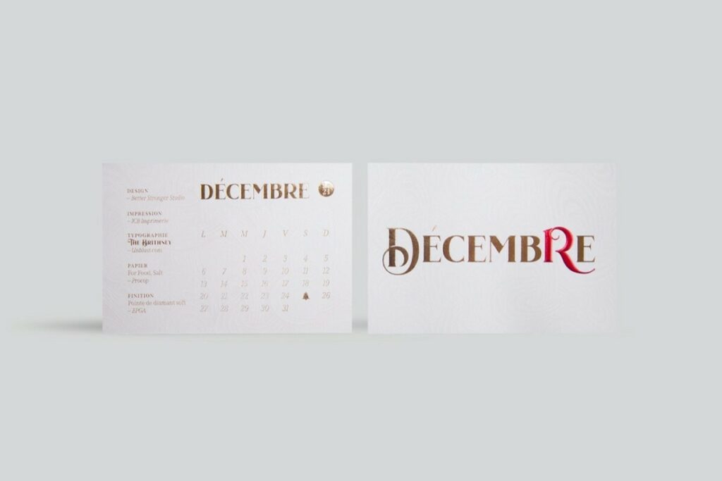 Calendrier ICB 2021 Décembre – Gmund for food Salt 310gr contre collé duplex- Dorure galbée rouge et marquage à chaud Or Brillant