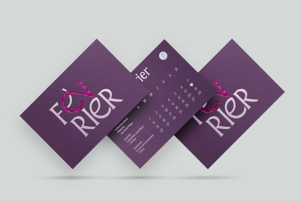 Carte Février Calendrier Collaboratif ICB 2021 – Marquage à chaud Argent Mat et dorure texturé coeur couleur Rose 5710 Orchid – Colorplan Amethyst 350gr/m2