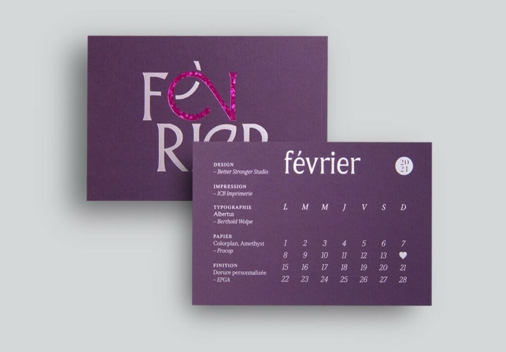 Carte Février Calendrier Collaboratif ICB 2021 – Marquage à chaud Argent Mat et dorure texturé coeur couleur Rose 5710 Orchid – Colorplan Amethyst 350gr/m2