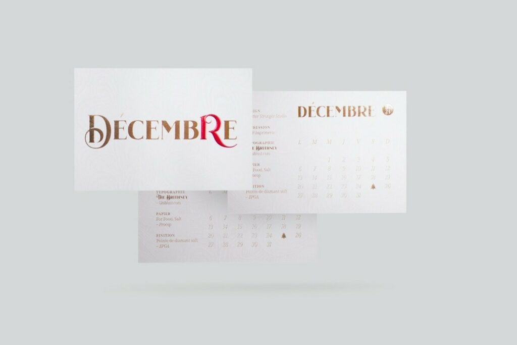 Calendrier ICB 2021 Décembre – Gmund for food Salt 310gr contre collé duplex- Dorure galbée rouge et marquage à chaud Or Brillant