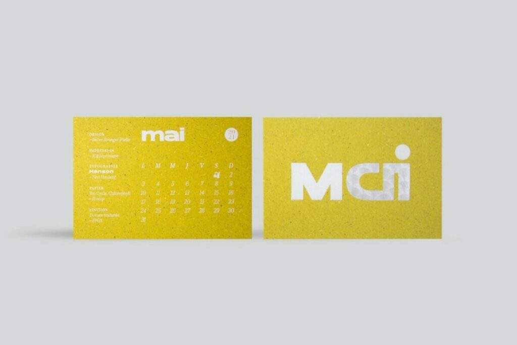 Calendrier ICB 2021 Mai – Marquage à chaud micro texturé argent mat et dorure à chaud blanche brillant sur papier recyclé Gmund Bio Cycle Chlorophyll contrecollé 600gr/m2