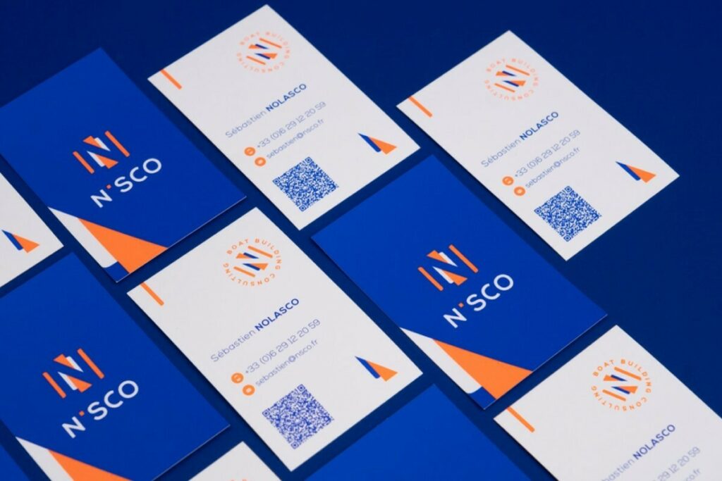 Cartes de visite Pantone Fluo Orange 804C et Bleu Reflex et QR code – couché mat 350gr/m2