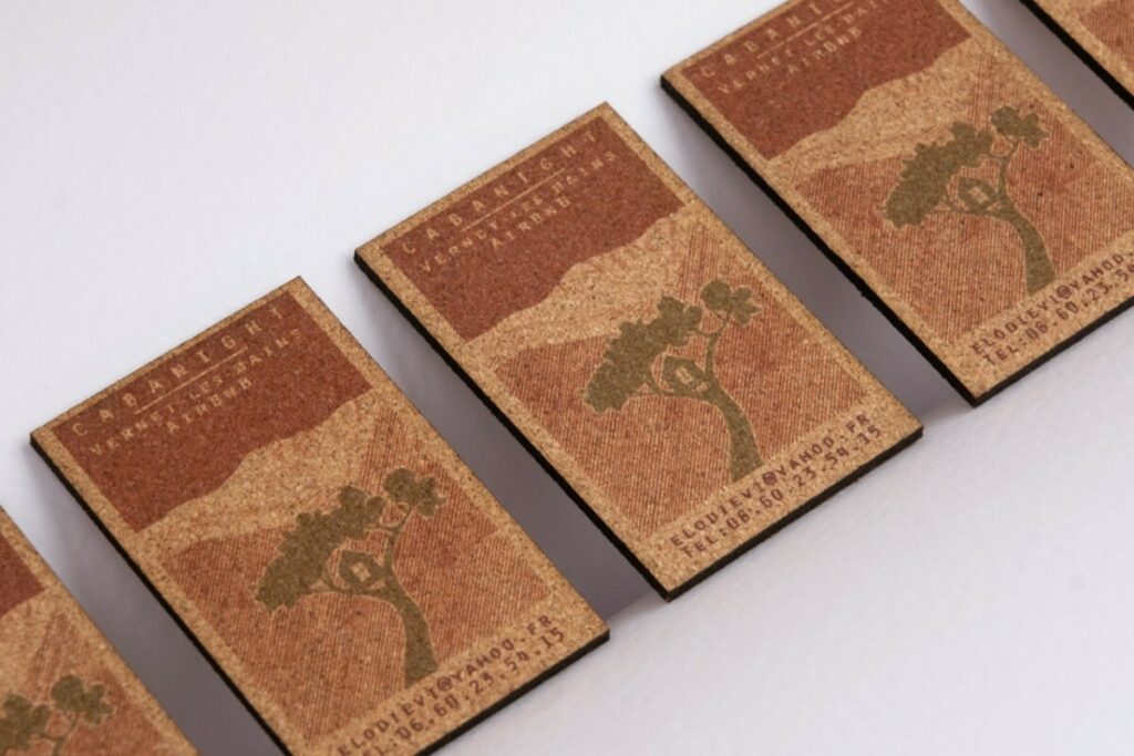 Carte de visite écologiques en liège 3mm Cabane dans les arbres – Impression waterbased – Découpe laser