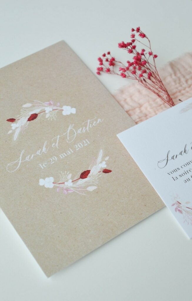 Faire-part de mariage champêtre chic avec impression imitation kraft sur Old Mill 300gr/m2 Premium White