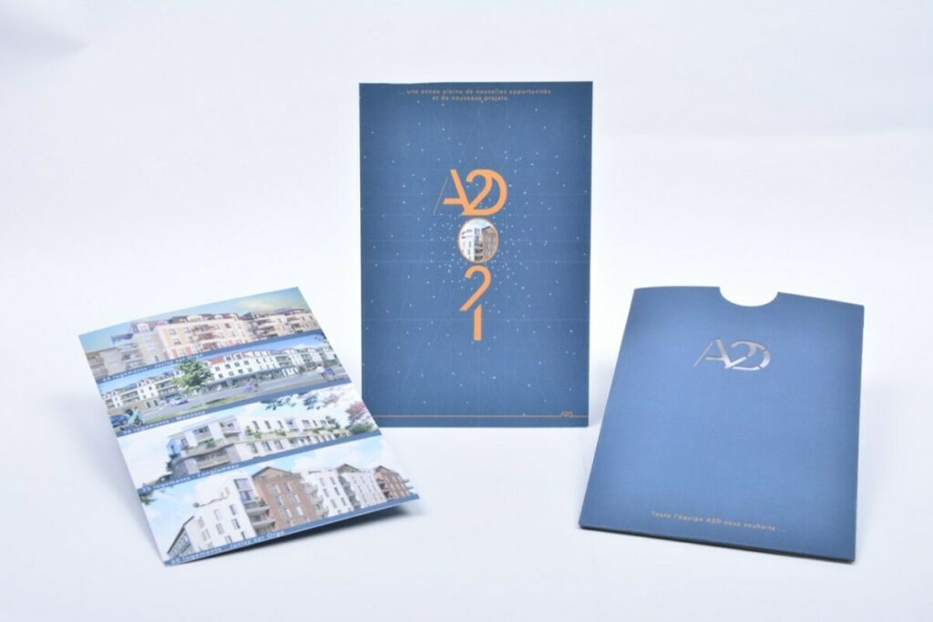 Carte de voeux architecte avec pochette avec coup de pouce et découpe laser de précision – Pelliculage Soft Touch