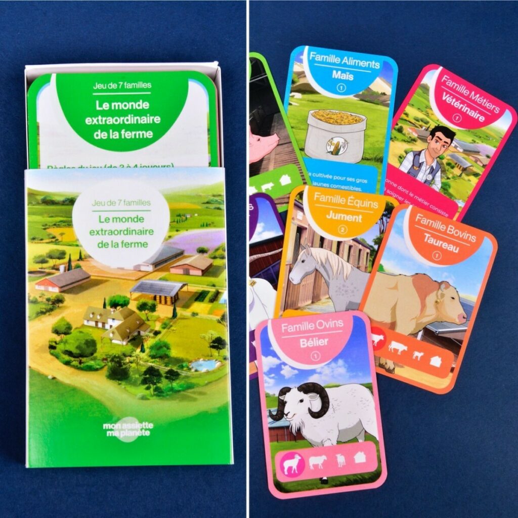 Jeu de cartes 7 familles animaux de la ferme avec boite foureau à tirette – Couché Mat – Découpe d’angles arrondis