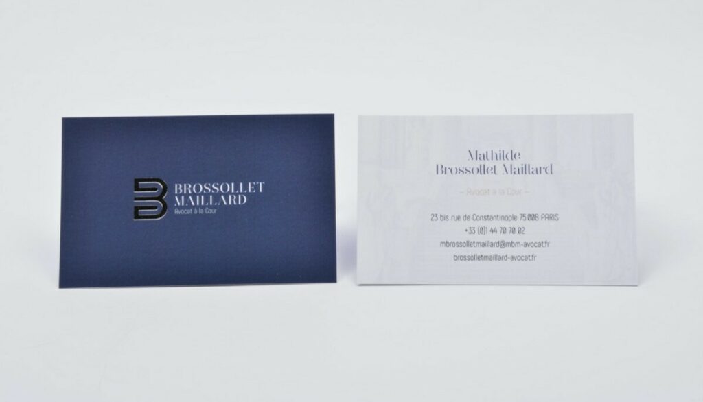 Cartes de visite Avocat – Impression numérique pelliculage mat et dorure traditionnelle or champagne – Couché mat 350gr/m2