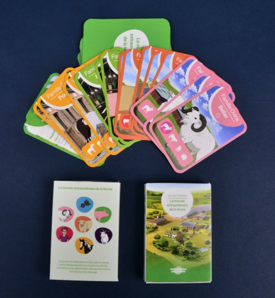 Jeu de cartes 7 familles animaux de la ferme avec boite foureau à tirette – Couché Mat – Découpe d’angles arrondis