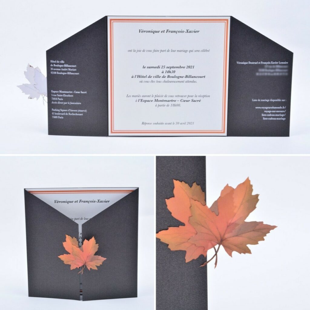 Faire-part de Mariage thème Automne – Pochette avec biseaux et fermeture en feuille d’arbre sur mesure en découpe laser