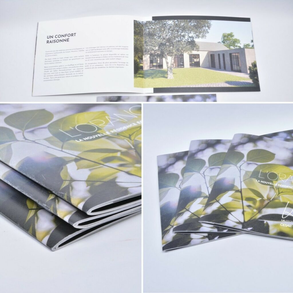 Brochure pour promoteur immobilier papier texturé format paysage- Reliure 2 piqure métal argent – Old Mill Premium White 250gr/m2