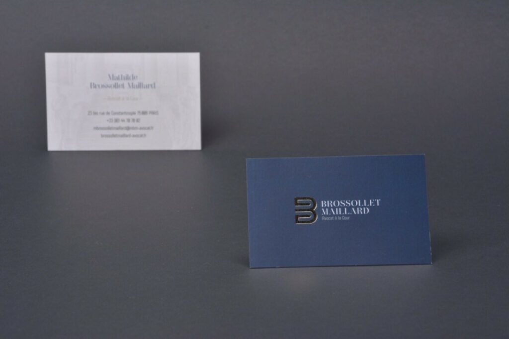 Cartes de visite Avocat – Impression numérique pelliculage mat et dorure traditionnelle or champagne – Couché mat 350gr/m2