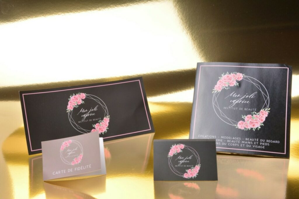 Papeterie pour institut de beauté – Cartes de fidélité, plaquette, chèque cadeau – Papier couché mat