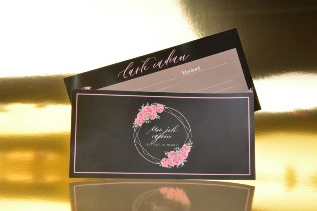 Papeterie pour institut de beauté – Cartes de fidélité, plaquette, chèque cadeau – Papier couché mat