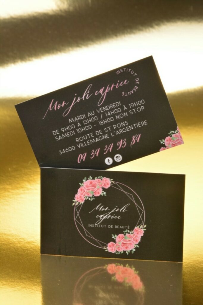 Papeterie pour institut de beauté – Cartes de fidélité, plaquette, chèque cadeau – Papier couché mat