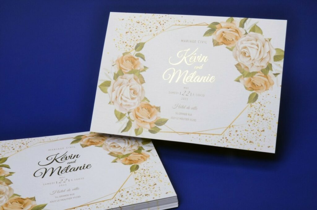 Faire-part de mariage A6 avec Bouquet de roses blanches – Dorure numérique OR sur papier texturé Création Pack 350gr/m2