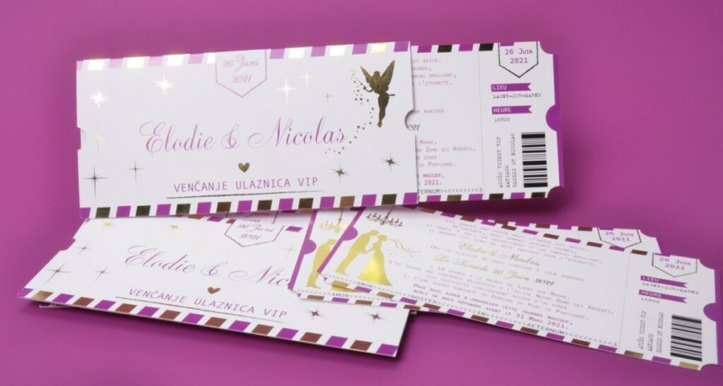 Pochette faire-part de mariage fée Clochette avec billet et coupon détachable – Violet et Or – Dorure numérique OR – Couché mat 350gr/m2