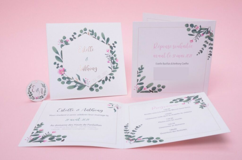 Faire-part de mariage couronne de fleur et petits animaux – Papier texturé Tintoretto Gesso 300gr/m2 – Dorure à chaud Or Rose