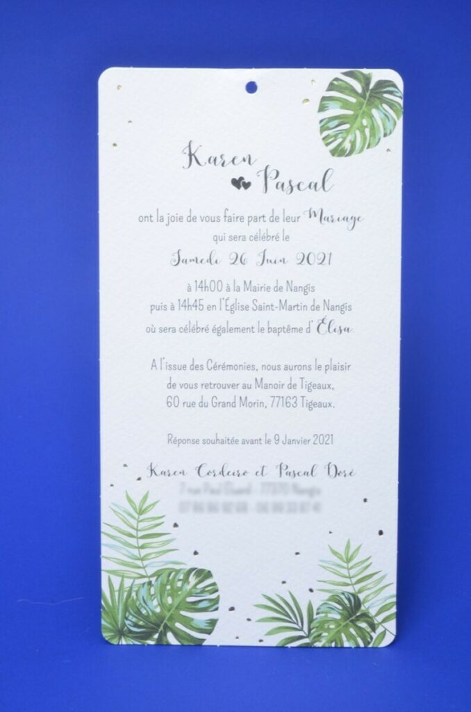 Faire part de mariage tropical Kraft sur papier texturé avec noeud en cuir