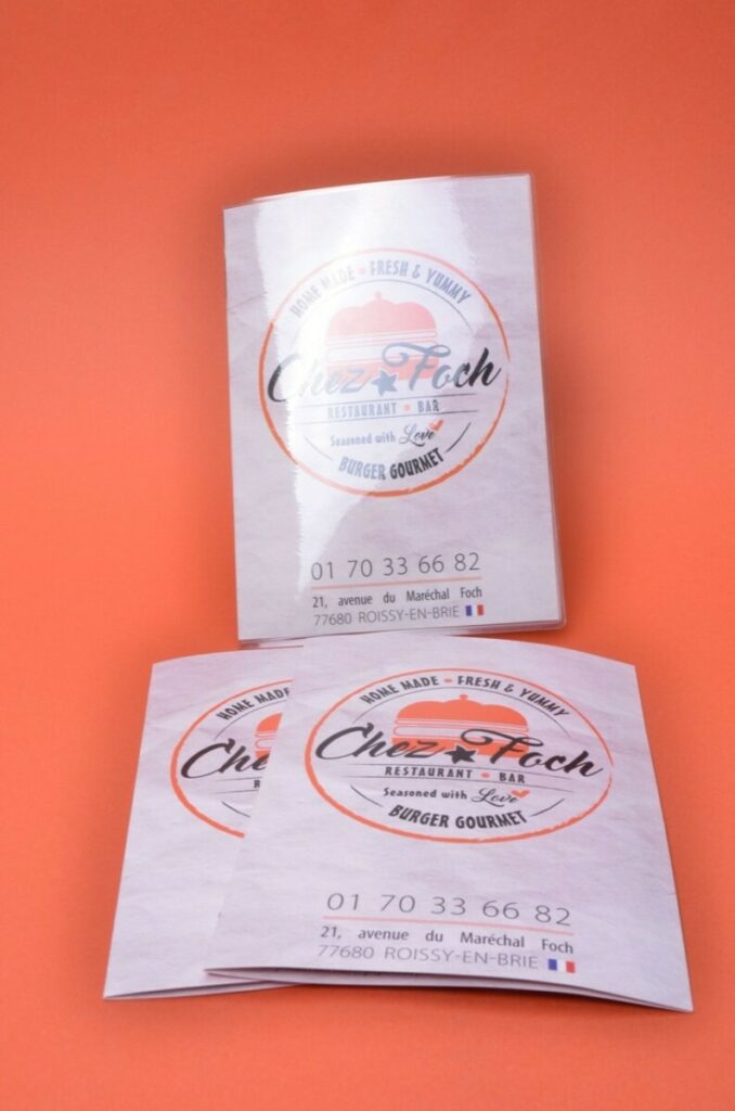 Carte de restaurant Burger gourmet avec plastification 80 microns et pliage