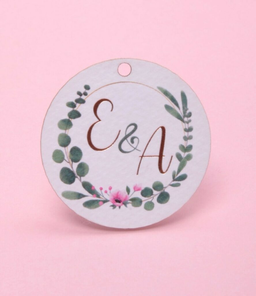Faire-part de mariage couronne de fleur et petits animaux – Papier texturé Tintoretto Gesso 300gr/m2 – Dorure à chaud Or Rose