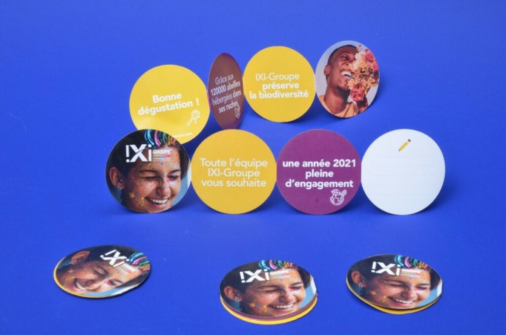 Mini flyer dépliant rond 4 faces – Découpe laser – Couché mat 135gr/m2