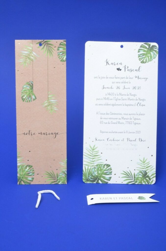 Faire part de mariage tropical Kraft sur papier texturé avec noeud en cuir