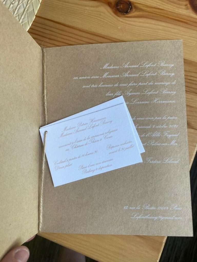 Faire-part de mariage traditionnel 2 volets – impression blanche numérique sur Cocoa Shell 300gr/m2 à  recyclé à base de noix de coco