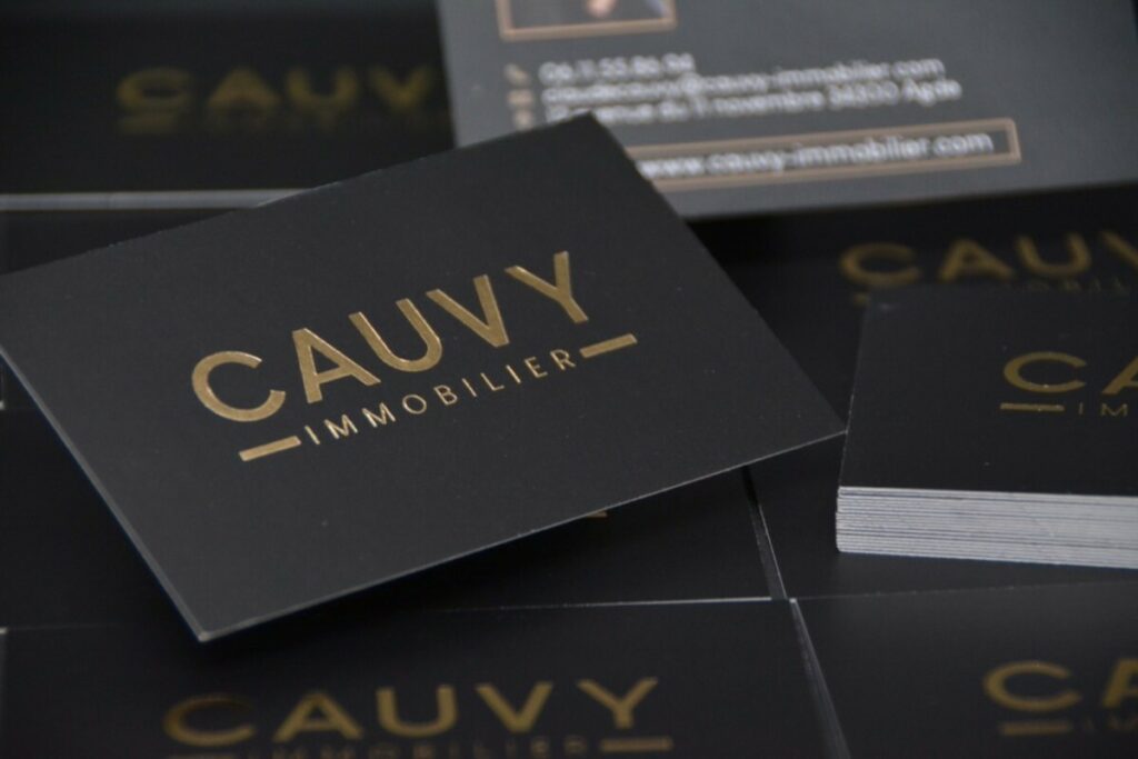 Carte de visite agence immobilière prestige – Dorure à chaud Or sur fond noir avec pelliculage Mat