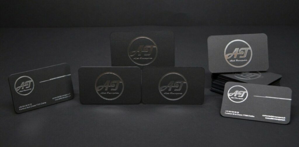 Carte de visite transporteur VIP contre collage triplex 870gr/m2 – Dorure à chaud argent brillant – Découpe angles 4 angles arrondis