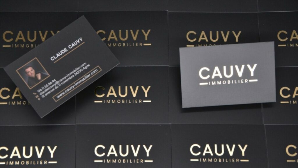 Carte de visite agence immobilière prestige – Dorure à chaud Or sur fond noir avec pelliculage Mat