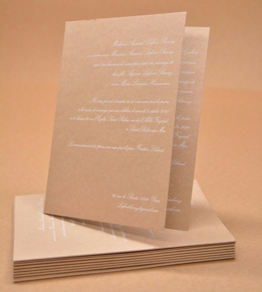 Faire-part de mariage traditionnel 2 volets – impression blanche numérique sur Cocoa Shell 300gr/m2 à  recyclé à base de noix de coco