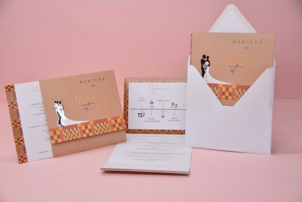 Faire-part de mariage coutumier pochette avec pagne personnalisé et vernis 3D – Couché mat 350gr/m2 avec pelliculage mat