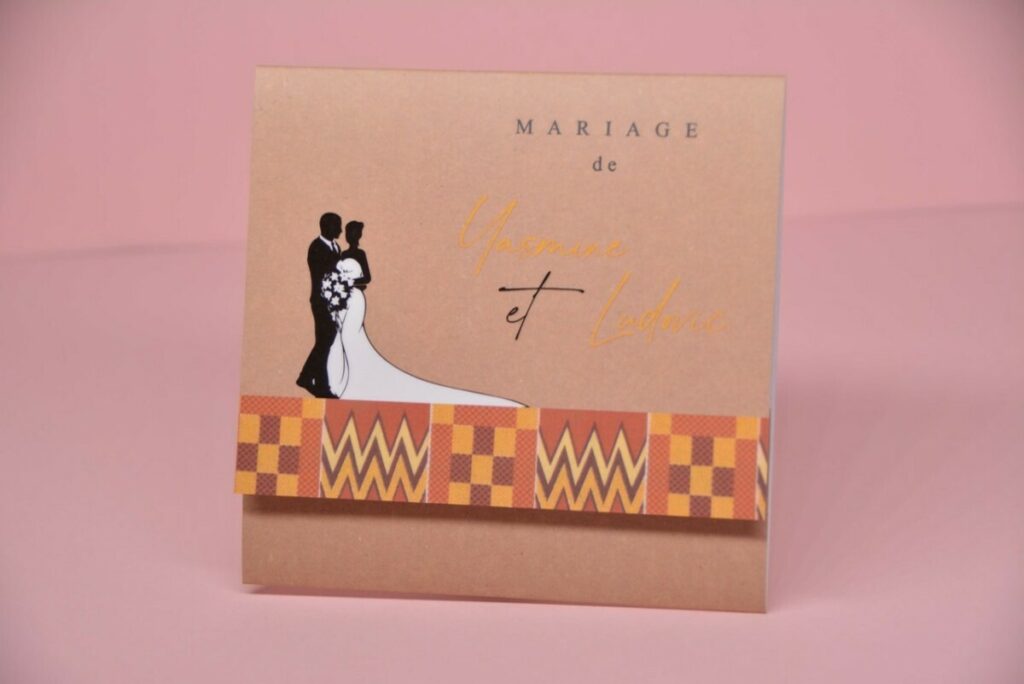 Faire-part de mariage coutumier pochette avec pagne personnalisé et vernis 3D – Couché mat 350gr/m2 avec pelliculage mat