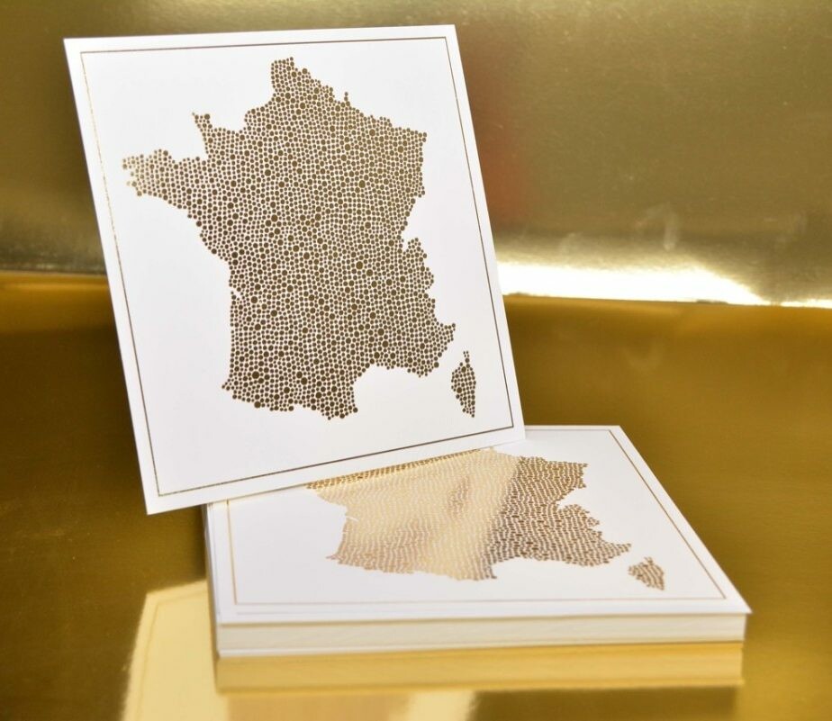 Cartes Postale artiste carrées avec carte de France – Dorure à chaud Or Brillant – Old mill 300gr/m2 Premium White