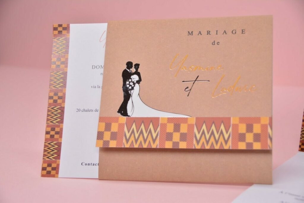 Faire-part de mariage coutumier pochette avec pagne personnalisé et vernis 3D – Couché mat 350gr/m2 avec pelliculage mat