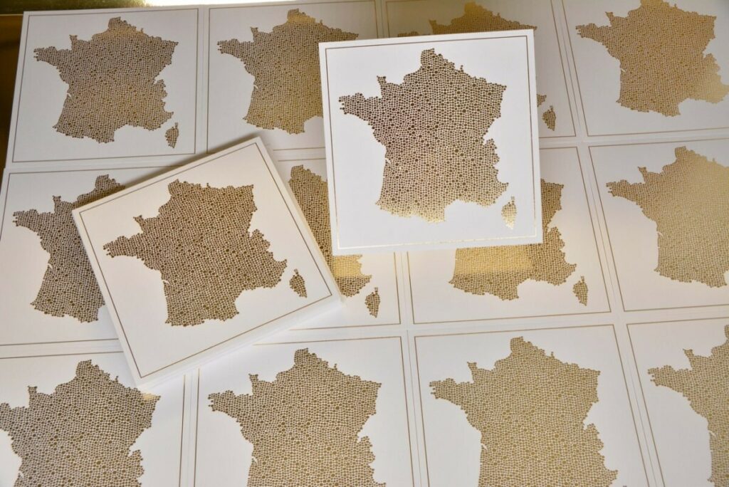 Cartes Postale artiste carrées avec carte de France – Dorure à chaud Or Brillant – Old mill 300gr/m2 Premium White