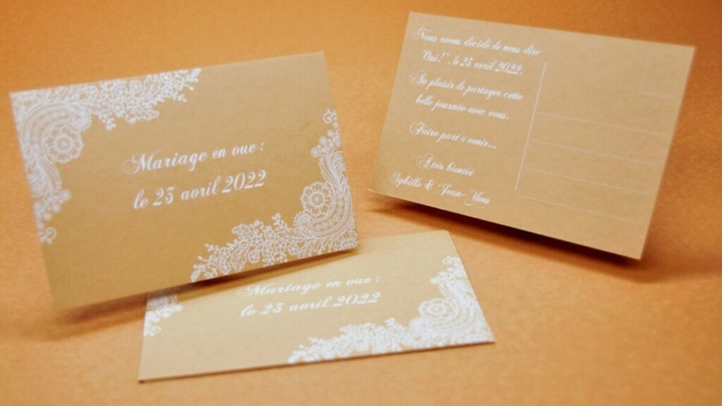 Save the date mariage Kraft et impression blanche numérique – Colorplan Harvest 350gr/m2