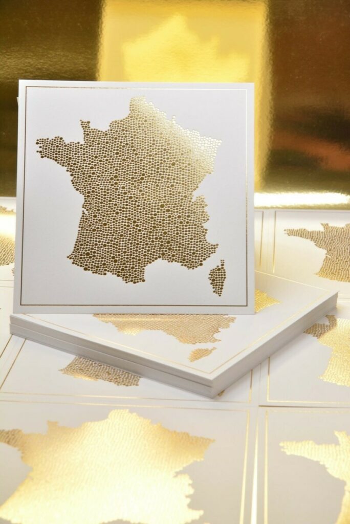 Cartes Postale artiste carrées avec carte de France – Dorure à chaud Or Brillant – Old mill 300gr/m2 Premium White