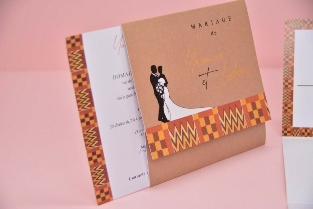 Faire-part de mariage coutumier pochette avec pagne personnalisé et vernis 3D – Couché mat 350gr/m2 avec pelliculage mat