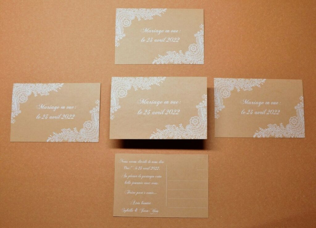 Save the date mariage Kraft et impression blanche numérique – Colorplan Harvest 350gr/m2