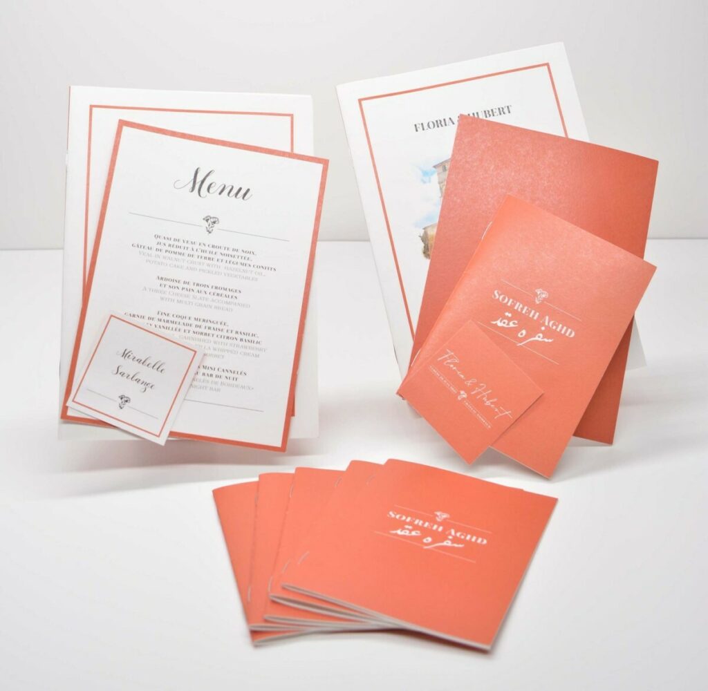 Livret de messe, menu et marque place – Mariage Marrakech Terracotta – Old Mill premium white