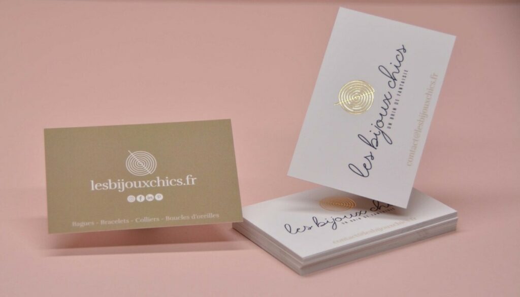 Carte de visite pour bijouterie – logo en dorure à chaud or brillante – couché mat 350gr/m2 avec pelliculage soft touch