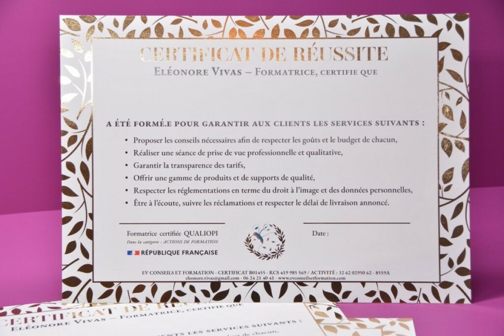 Certificat de réussite formation  – Dorure Numérique OR brillant – couché mat 300gr/m2