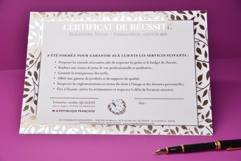 Certificat de réussite formation  – Dorure Numérique OR brillant – couché mat 300gr/m2