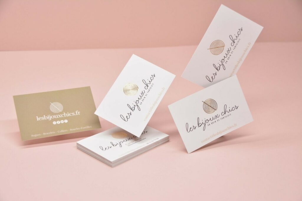 Carte de visite pour bijouterie – logo en dorure à chaud or brillante – couché mat 350gr/m2 avec pelliculage soft touch