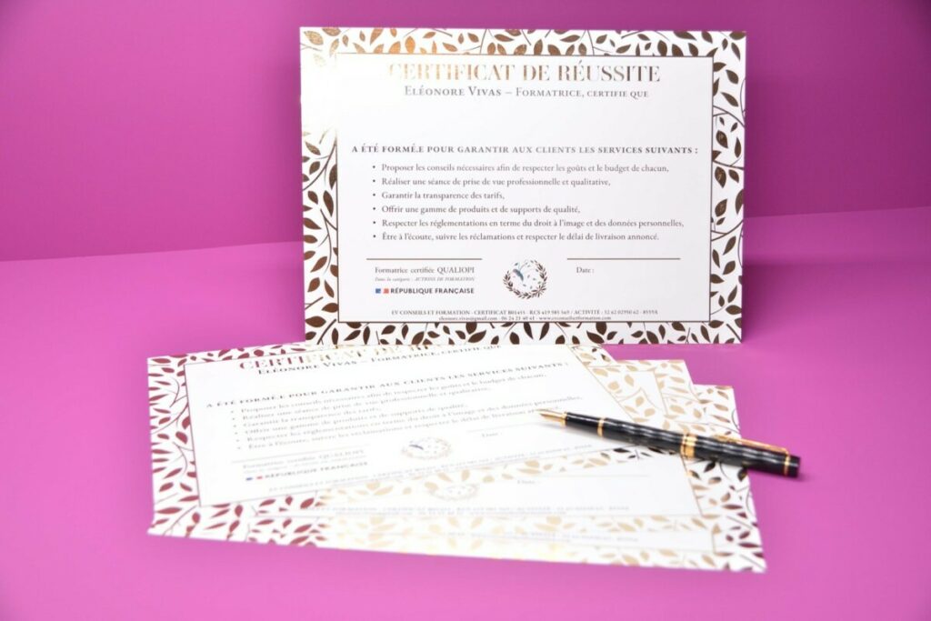 Certificat de réussite formation  – Dorure Numérique OR brillant – couché mat 300gr/m2