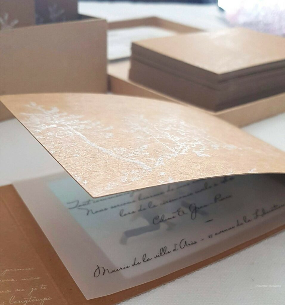 Faire-part de mariage Villa Tosca avec intérieur calque – Impression blanche numérique – Cocoa Shell 300gr/m2